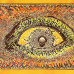 Carved image, hand printed and painted. Bright colorful depiction of an eye.